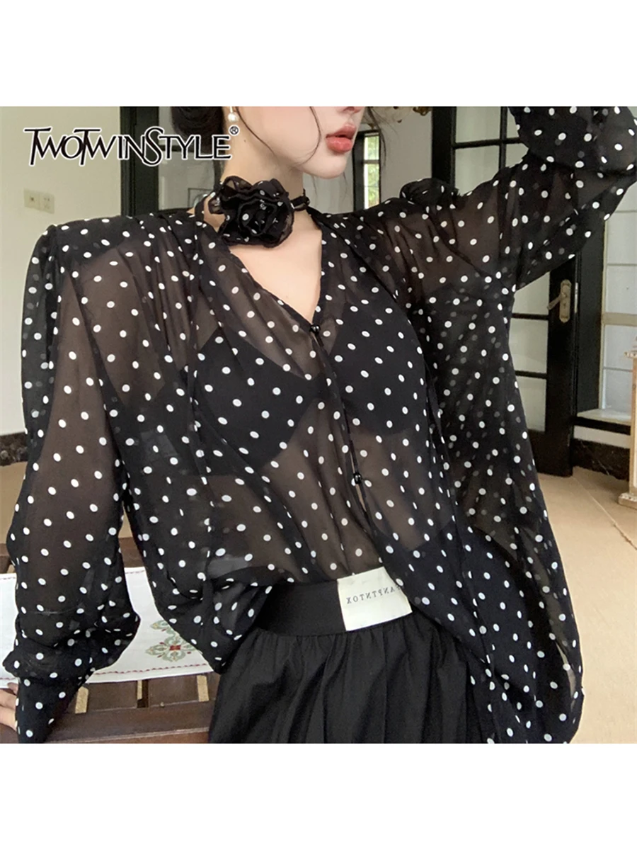 

TWOTWINSTYLE Hit Color Loose Spliced Appliques Blouses For Women V Neck Long Sleeve Minimalist Elegant Blouses Female Fashion