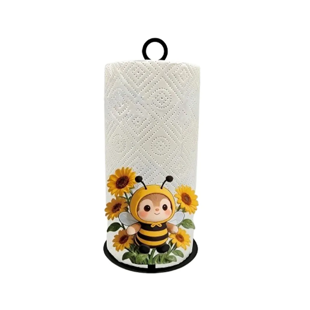 2D Flat Floral Paper Towel Holder Animal Flower Pattern Freestanding Vertical Roll Paper Holder Cook Character Wooden Base