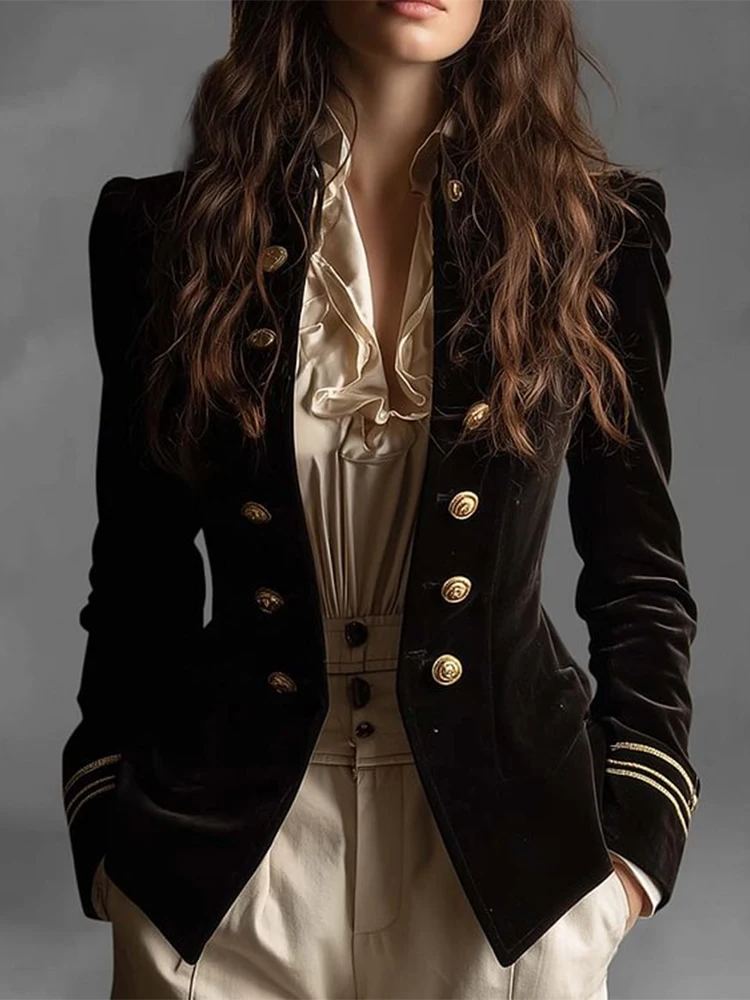 Elegant Velvet Blazers Coat For Women Slim Fit Tops Chic Stand Collar Long Sleeve Jacket Outerwear Office Lady Autumn Winter