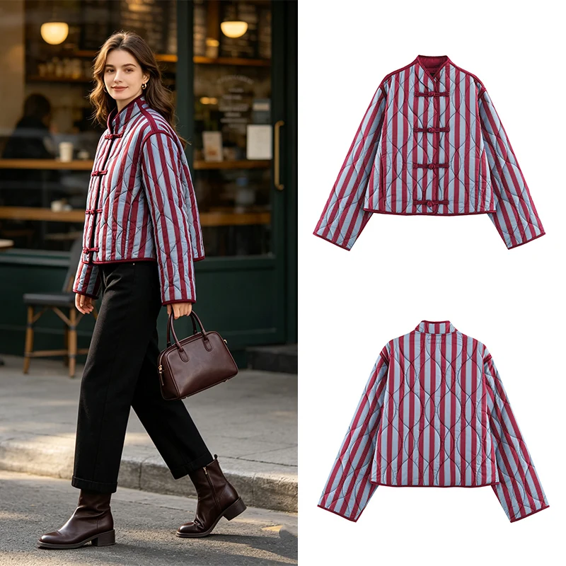 SLTNX Women Chinese Style Frog Button Quilted Jacket Vertical Striped Stand Collar Long Sleeve Retro Coat