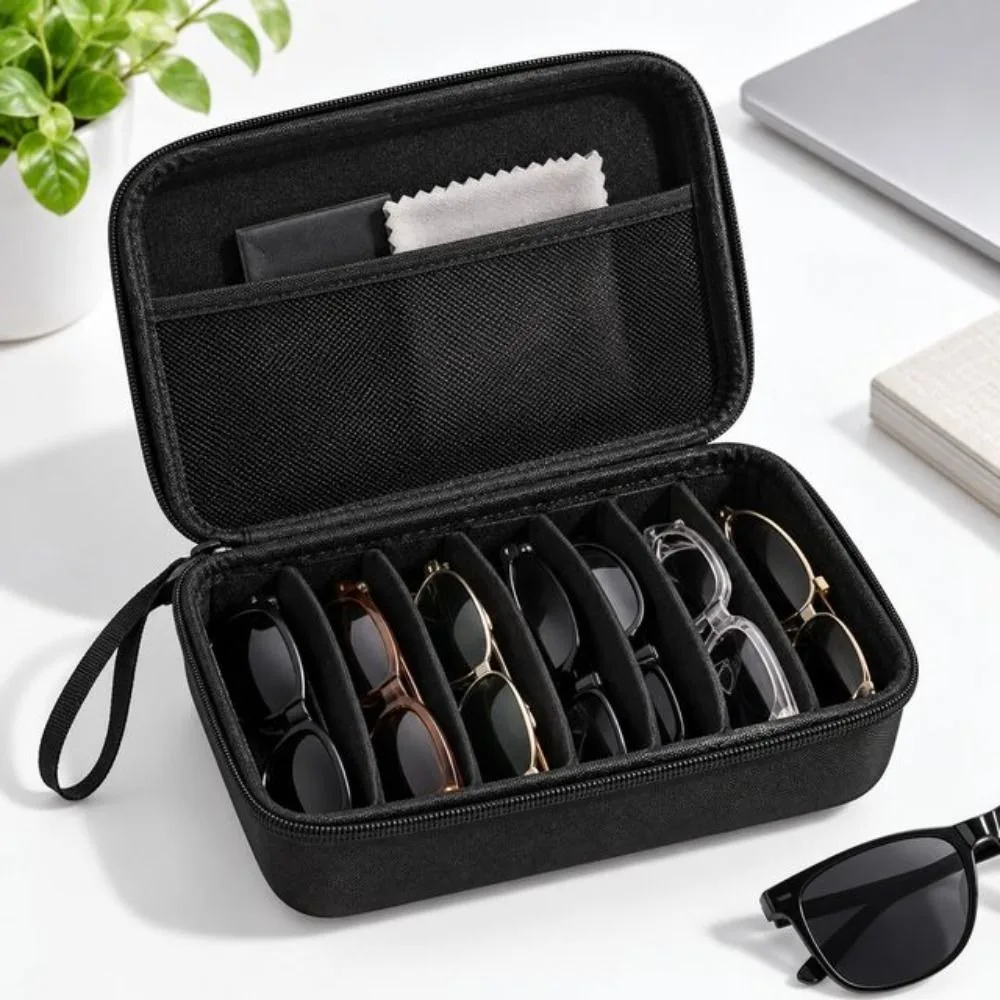 EVA Eyewear Organizer Case Portable Adjustable Compartments Sunglasses Storage Box Zipper Closure Eyewear Storage Bag Travel Use