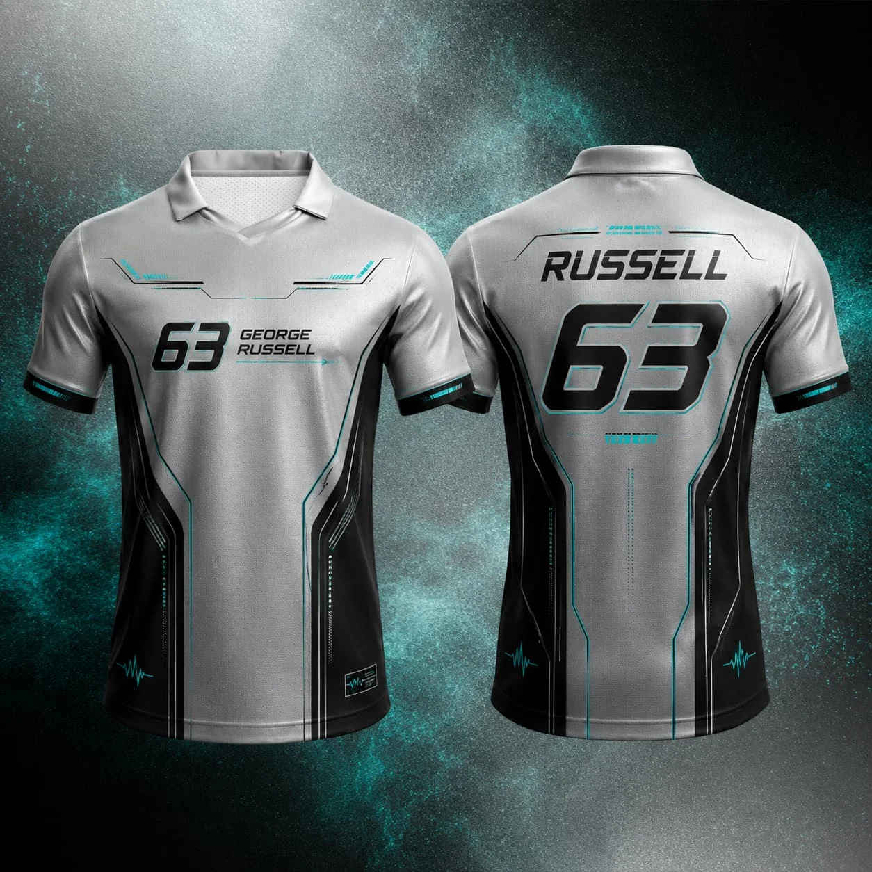 Russell 63 Racing Style Men's T Shirt Polo Shirt Short Sleeve Black Teal Graphic Print Casual Motorsport Inspired Sports Jersey