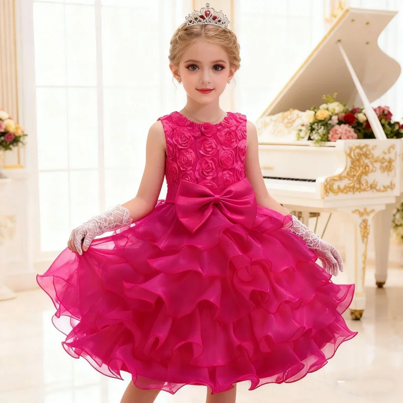

Girls' New Flower Girl Rose Bowknot First Birthday Party New Year Princess Dress