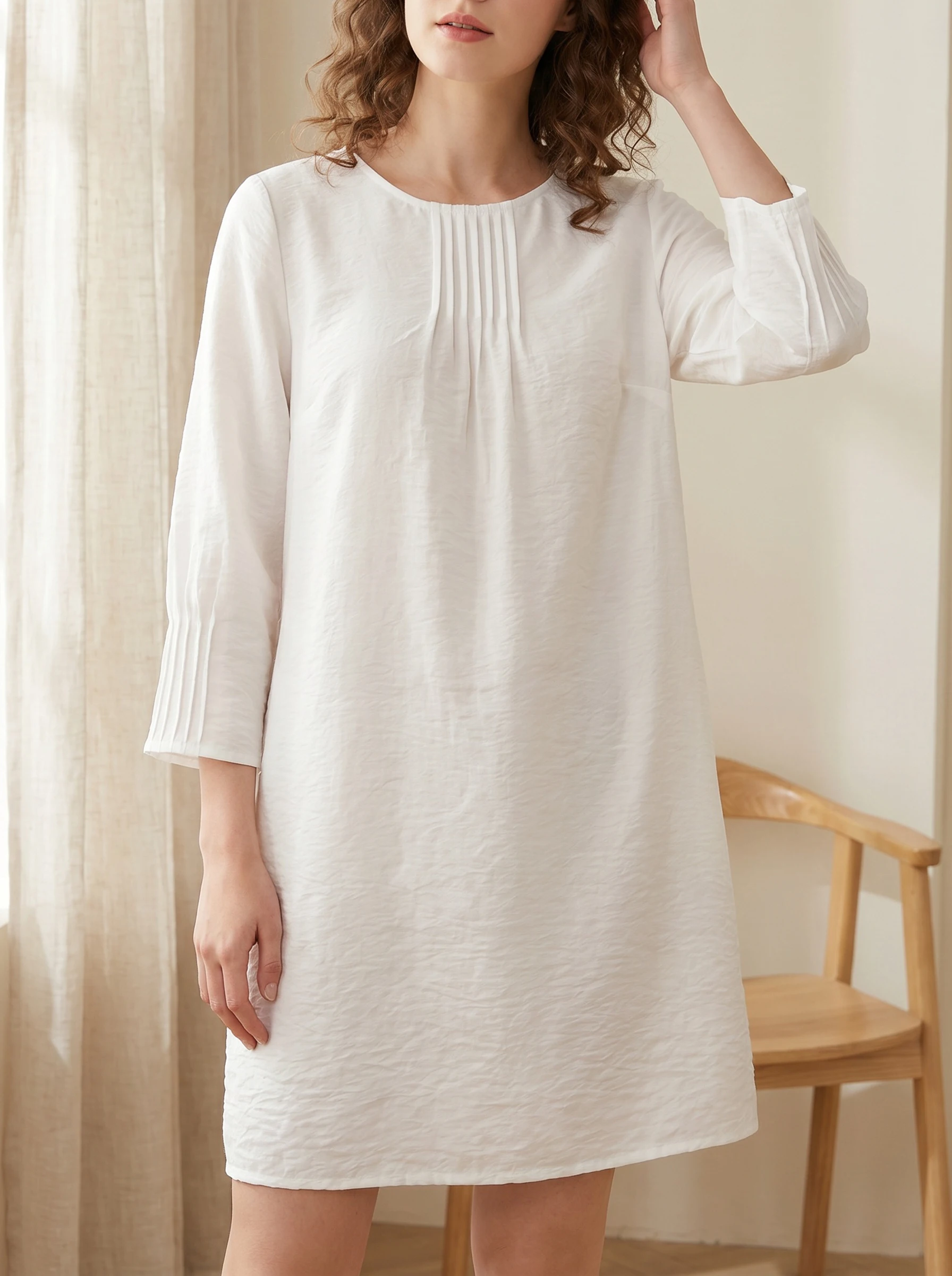 Rosa fera Vestido midi holgado con cuello redondo para mujer, vestido informal de color liso con frente plisado y manga 3/4