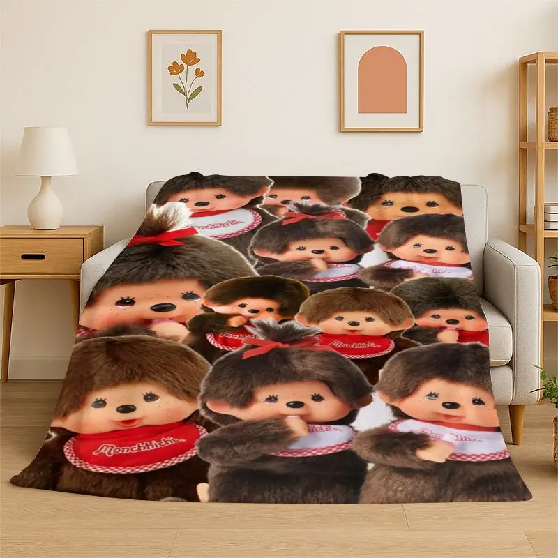 Cute M-Monchhichi Kun Chan Cartoon Flannel Blanket,Ultra Soft Plush Throw for Home Bedroom Bed Sofa Cover Camping Picnic Kids