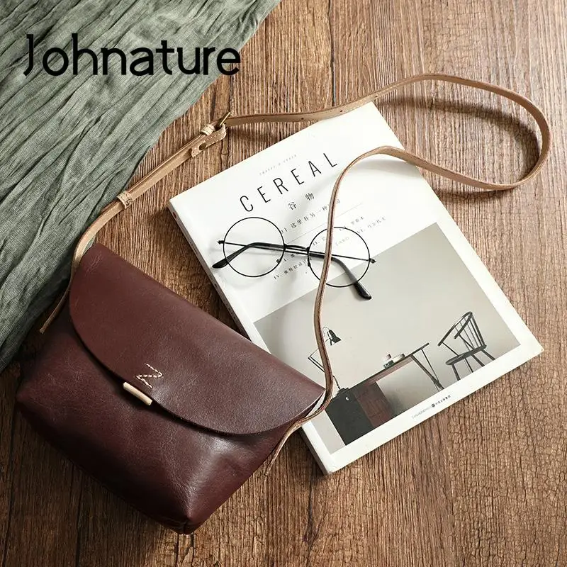 Johnature Simple Natural Soft Cowhide Women Bag 2024 New Vintage Genuine Leather Handmade Solid Color Shoulder & Crossbody Bags