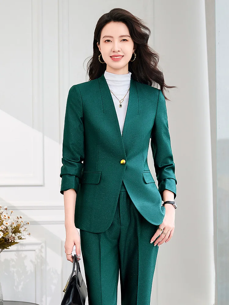 Solid Two Piece Sets Women Outifits 2024 Office Ladies Casual V Neck Single Button Blazer Office Lady Pencil Pant Suits