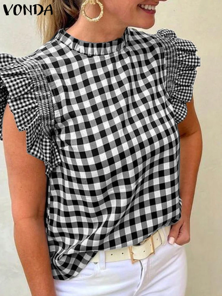 VONDA Women Plaid Blouse 2025 Summer Short Sleeve Tops Vintage Patchwork Ruffled Casual Shirts Loose Elegant Streetwear Blusas