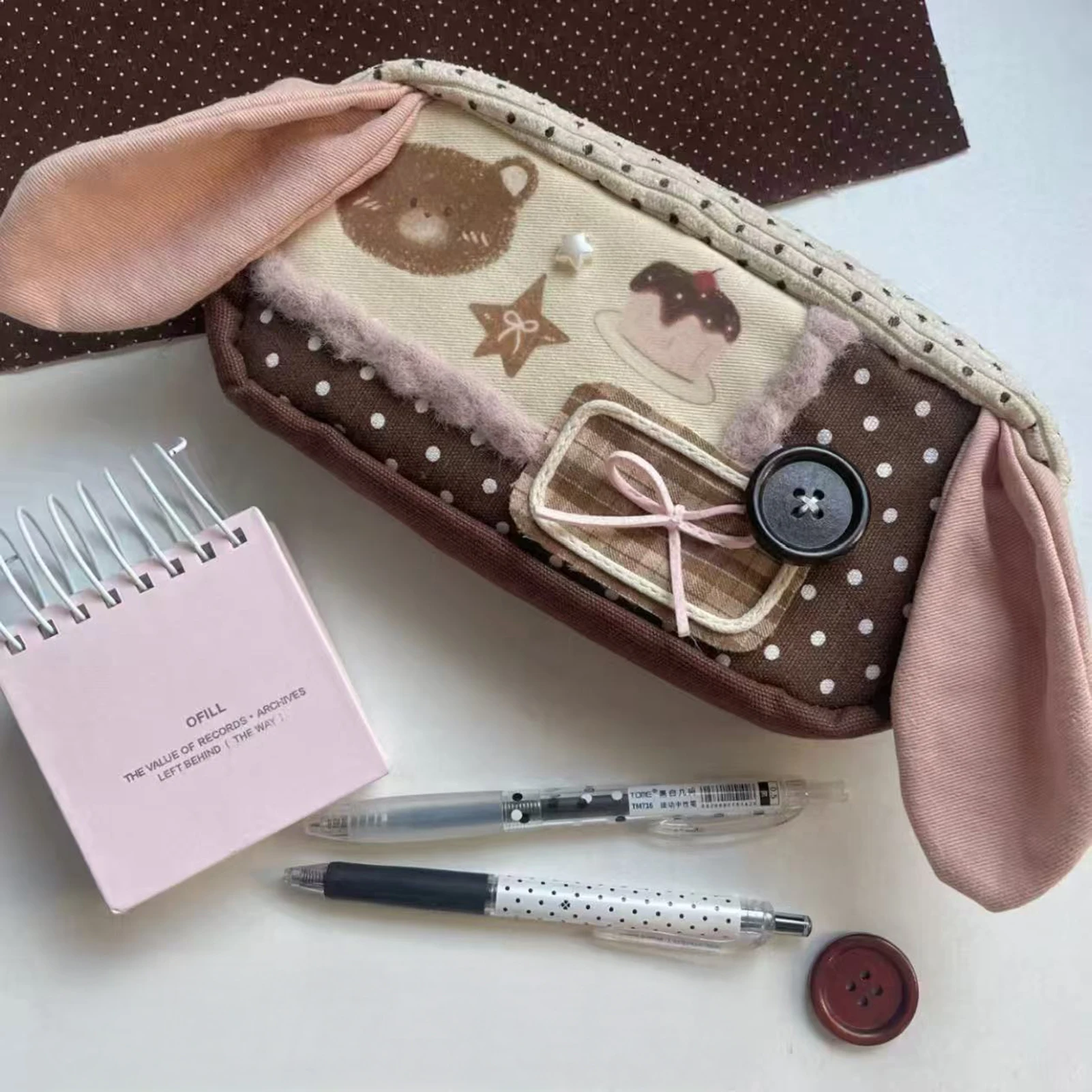 Cute Bunny Ear Pencil Case Large Capacity Multiple Layers Pen Bags Vintage Polka Dot Designs Stationery Organizer For Students