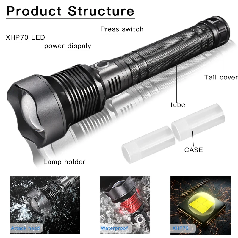 Most powerful Lamp xhp70.2 LED flashlight usb Zoom led torch xhp70 xhp50 18650 or 26650 battery for Outdoor Camping