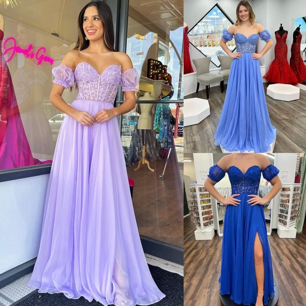 

Off Shoulder A-line Chiffon Dresses Apllique Lace Woman Party Prom Floor Length Birthday Evening Dresses