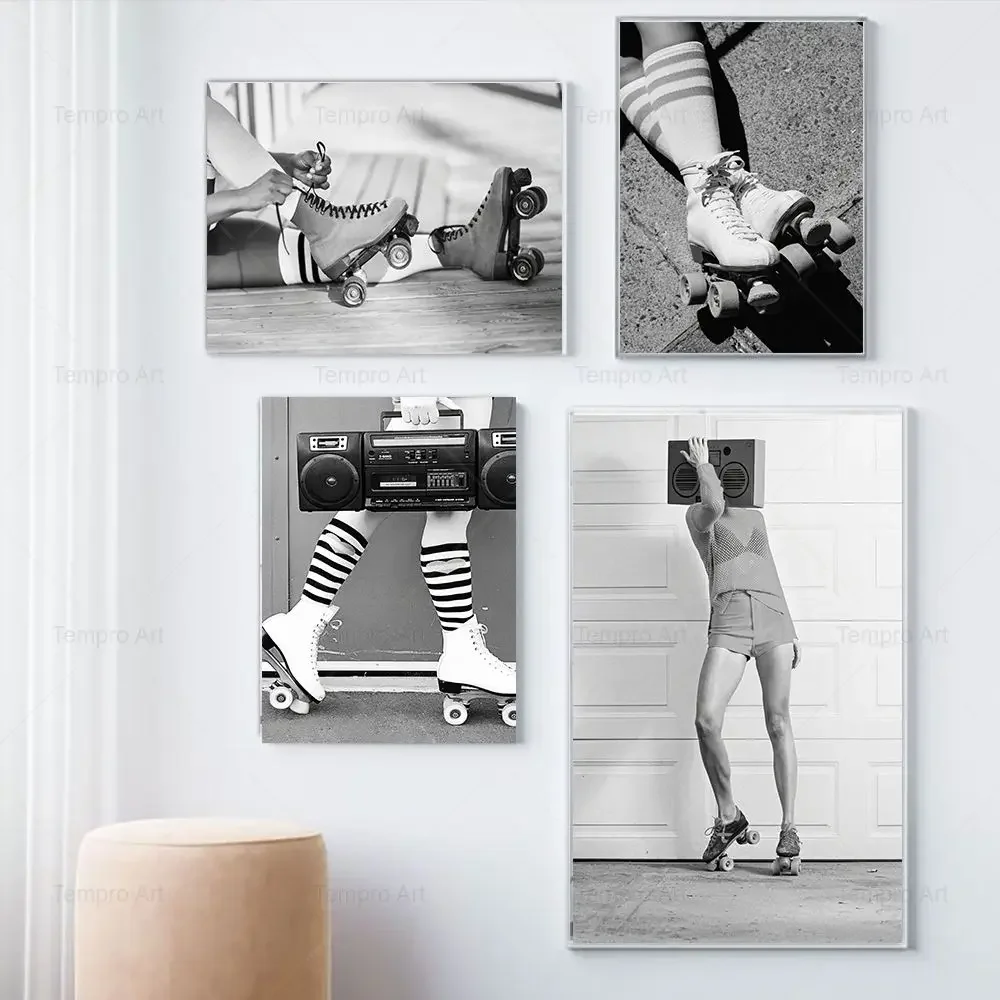 Vintage Roller Skates Poster Fashion Girl Skating With Music Wall Art Canvas Painting Print Picture Home Room Decor Skating Gift
