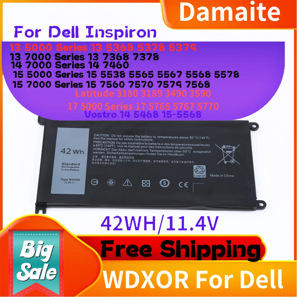 WDXOR Replacement Laptop Battery for Dell Inspiron 13 15 5000 7000 Series 5570 7579 Vostro 5468 P69G 3CRH3 11.4V 42Wh 7378 5567