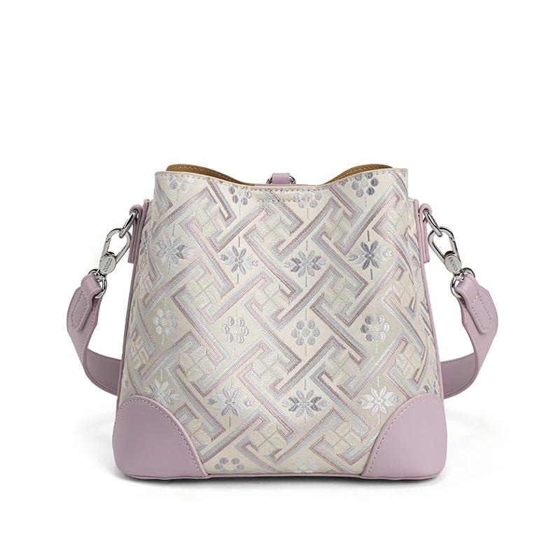 Women Beige Pink Bucket Bag Geometric Embossed Pattern Shoulder Bag with Adjustable Strap Drawstring Closure