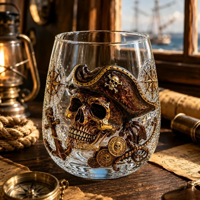 Pirate Skull Whiskey Glass Creative Decal Tumbler for Bourbon Scotch Cocktail Home Bar Drinkware Gift