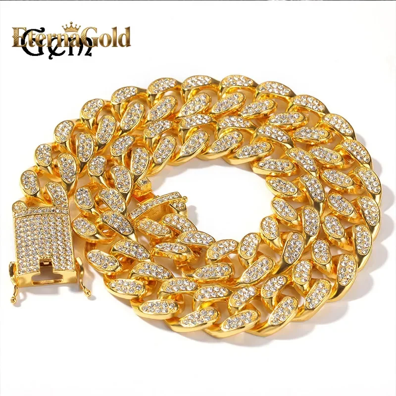 EternaGold  Luxury 24K 9999 Pure Gold real gold 20mm Full Diamond Men's Miami Cuban Chain Necklace bracelet