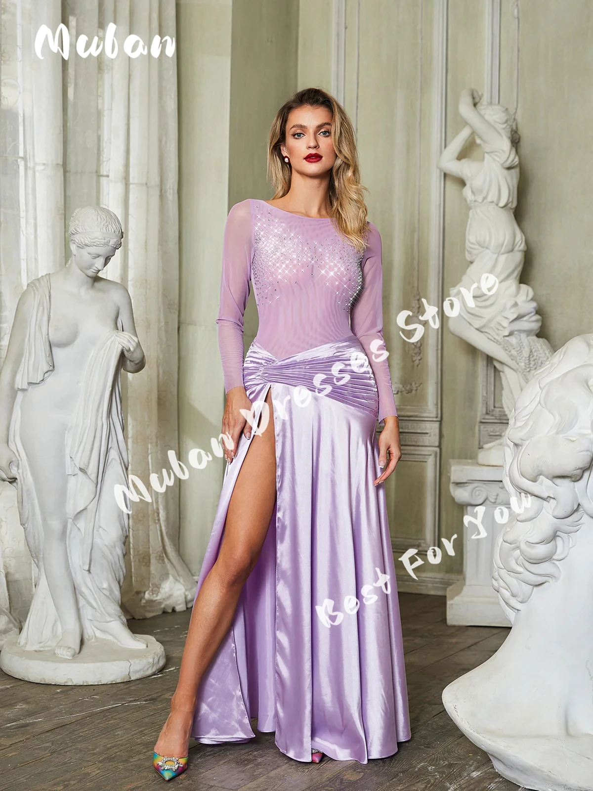 Vestidos de Noche lilas de manga larga con cuentas, hasta el suelo plisados, Sexy, personalizable, Formal, para fiesta de graduación, 2024