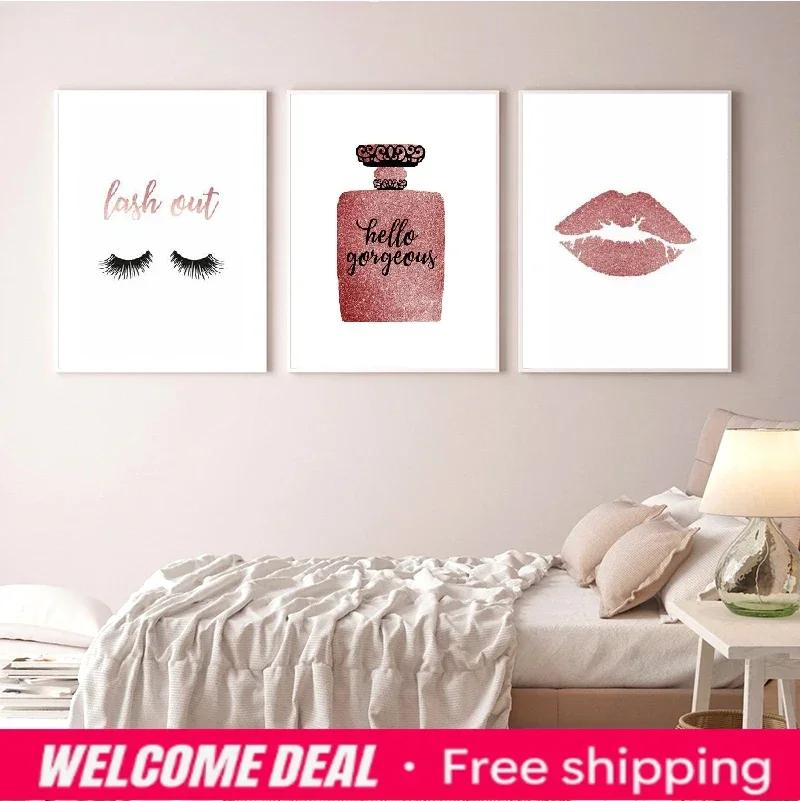 Fashion Wall Art Canvas Painting Lash Pink Glitter Prints Perfume Bottle Modern Pictures Wold Map Poster Girls Room Home Deco