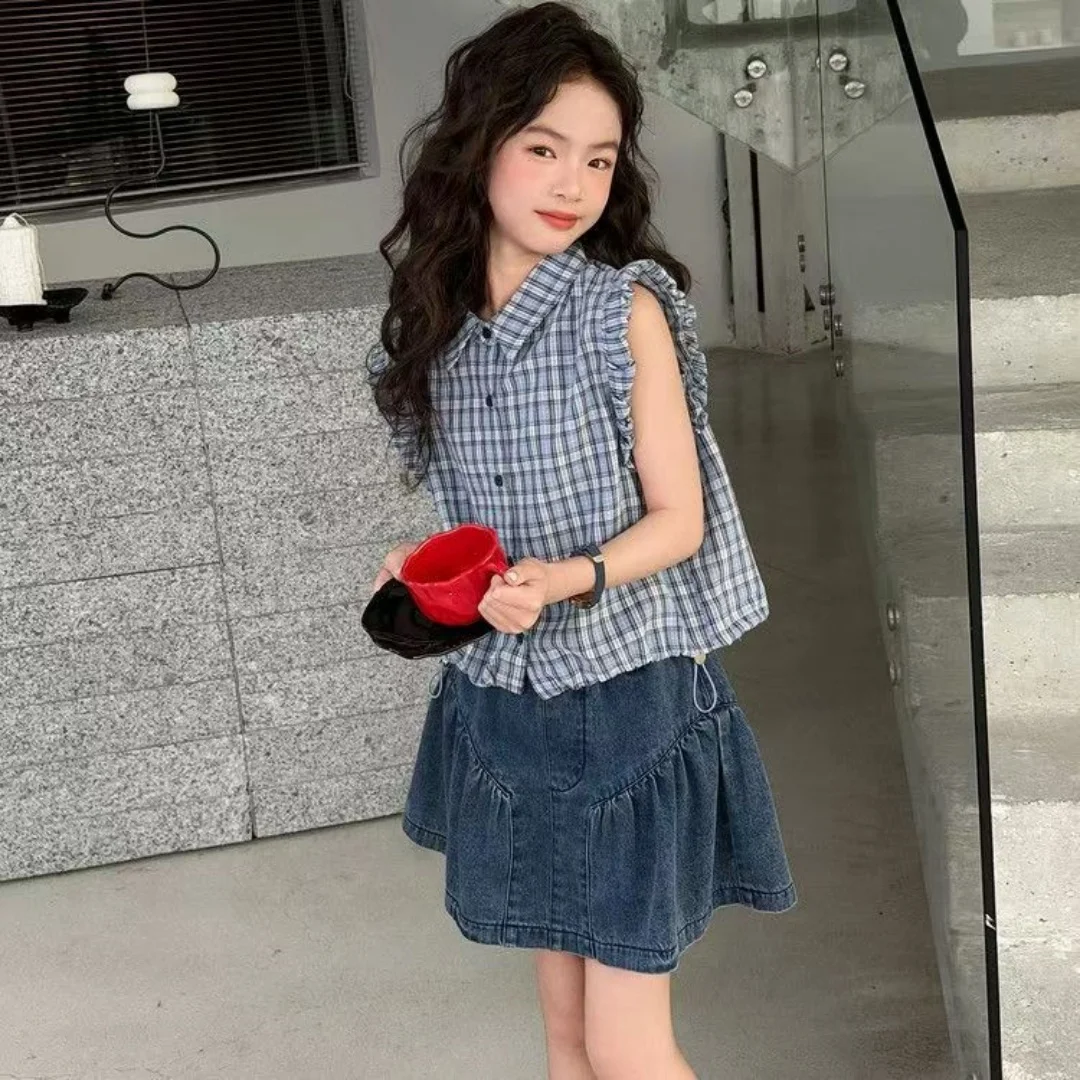 2026 Spring/Summer New Kids' Flannel Square Neck Sleeveless Shirt Set for Girls-Tunic with Shorts 2-Piece Set