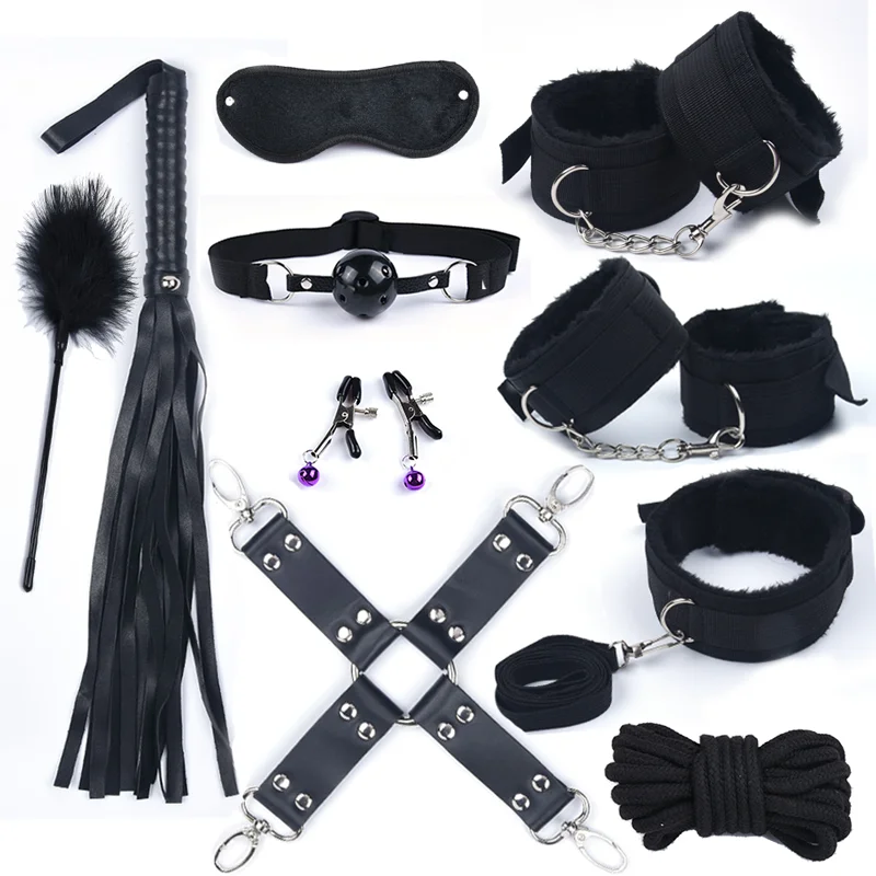 Women's Erotic Nylon Bondage BDSM Kit with Handcuffs Sex Whip Mouth Gag Rabbit Tail Anal Plug for Adult Games view 3