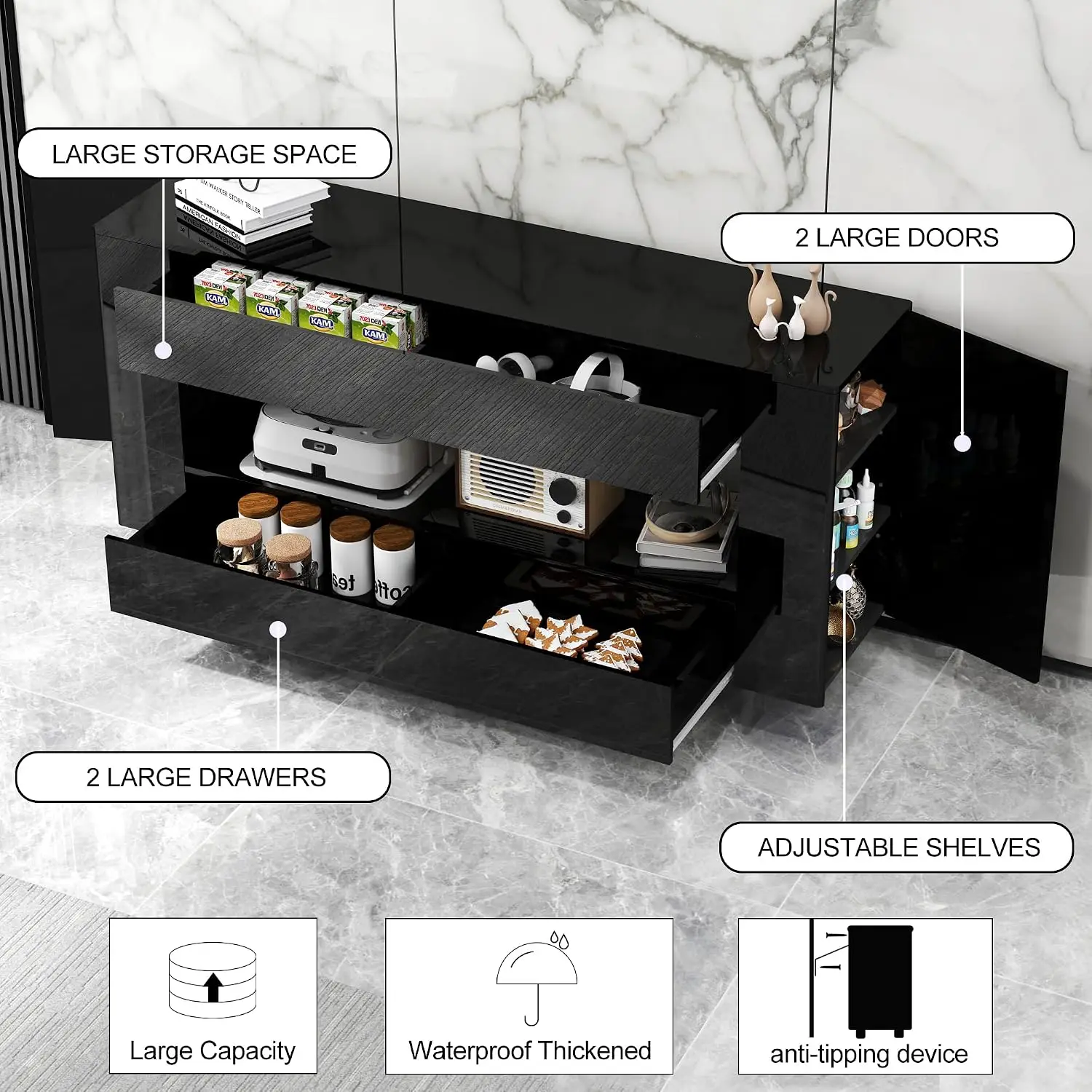 TV Stand Cabinet Up to 65 Inch with Concealed Storage High Gloss Black, Customized