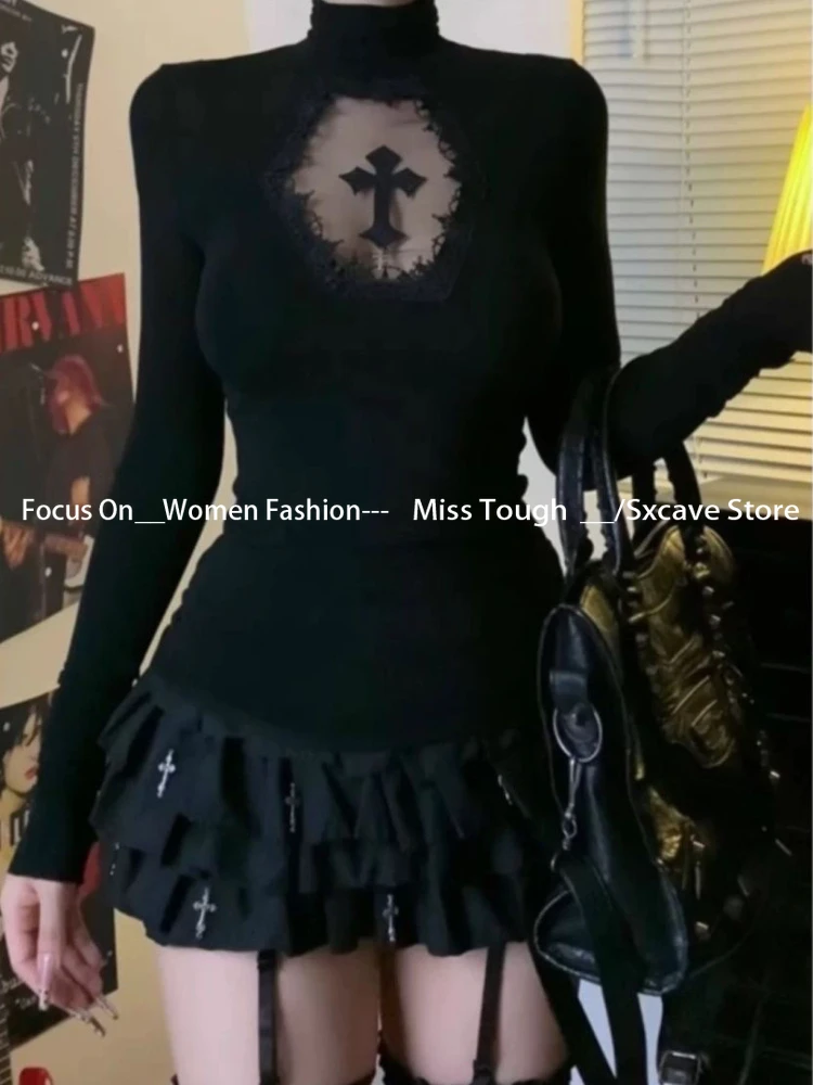Vintage Knitted T Shirt Subculture Long Sleeve Sexy Y2k Tees Harajuku Crop Top Turtleneck Red Gothic T-Shirts Women Cross Hollow