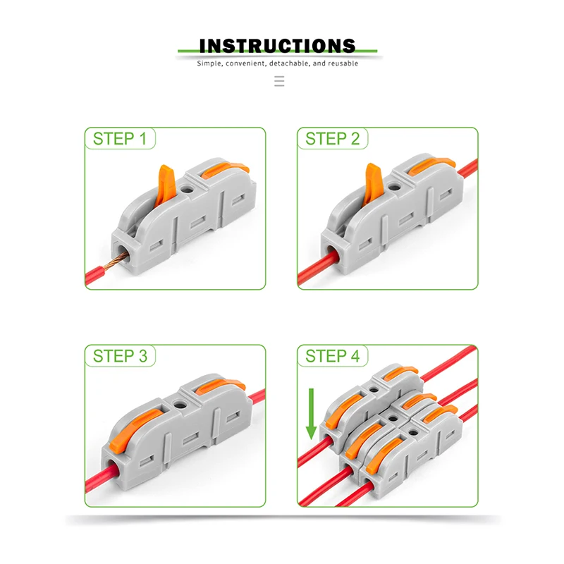 34/40/50/60/100PCS Wiring Connector Universal Compact Conductor Push-In 1 in 1 out Terminal Block Splicing Multiplex Connectors