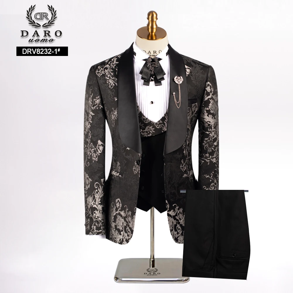 DARO2024 Floral Jacquard Wedding Suits for Men with Stand Collar Double Breasted Formal Groom Tuxedo Jacket Vest Pants 3 Piece