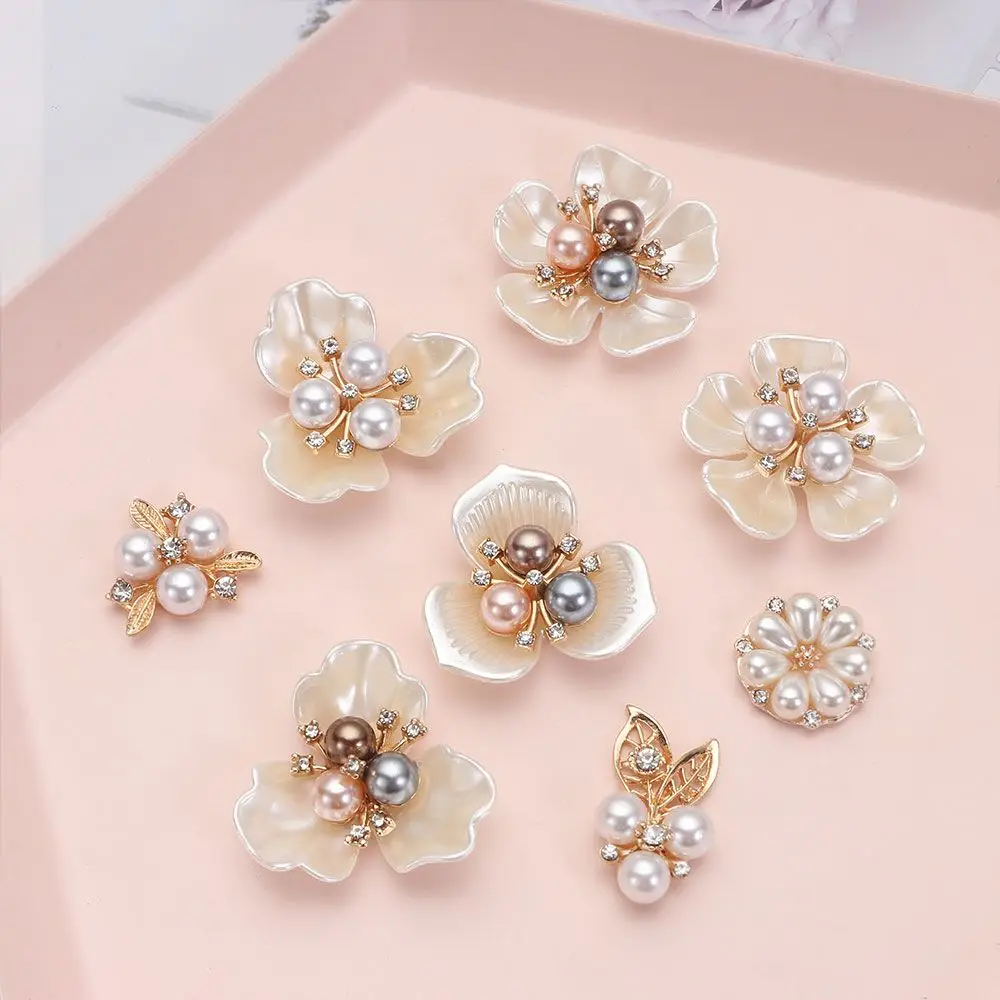 10PCS Pearl Flower Rhinestone Buttons Sparkling Crystal Hairpins Decoration Clothes Sewing Accessories