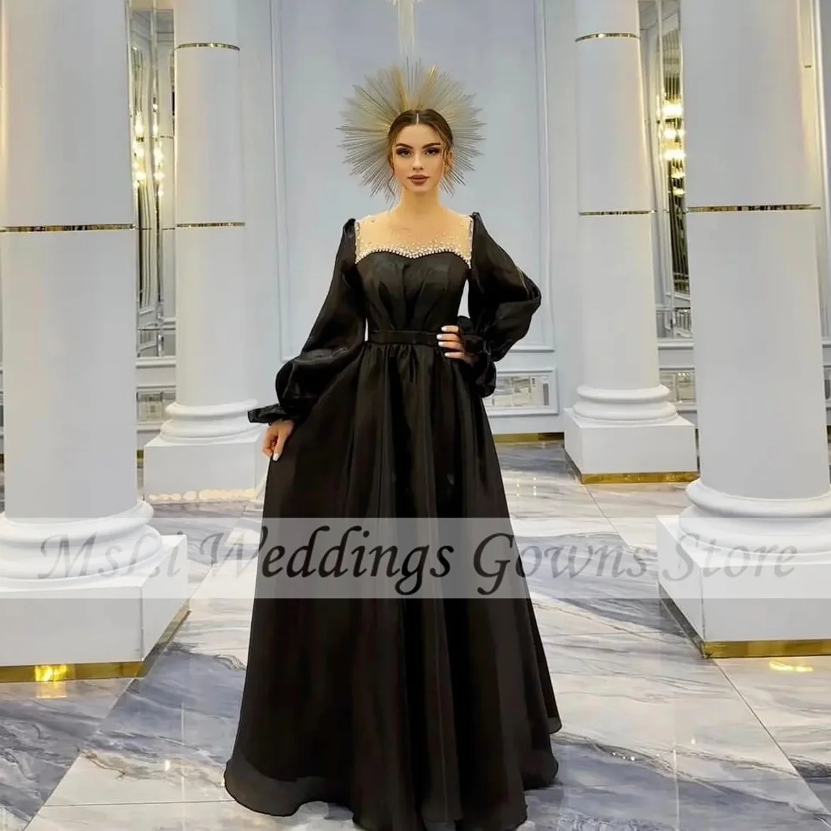 Elegant Balck Prom Dress For Dubai Arabic Women Beads Puff Long Sleeve Formal Evening Dresses Sheer Neck Shiny Occasion Gowns