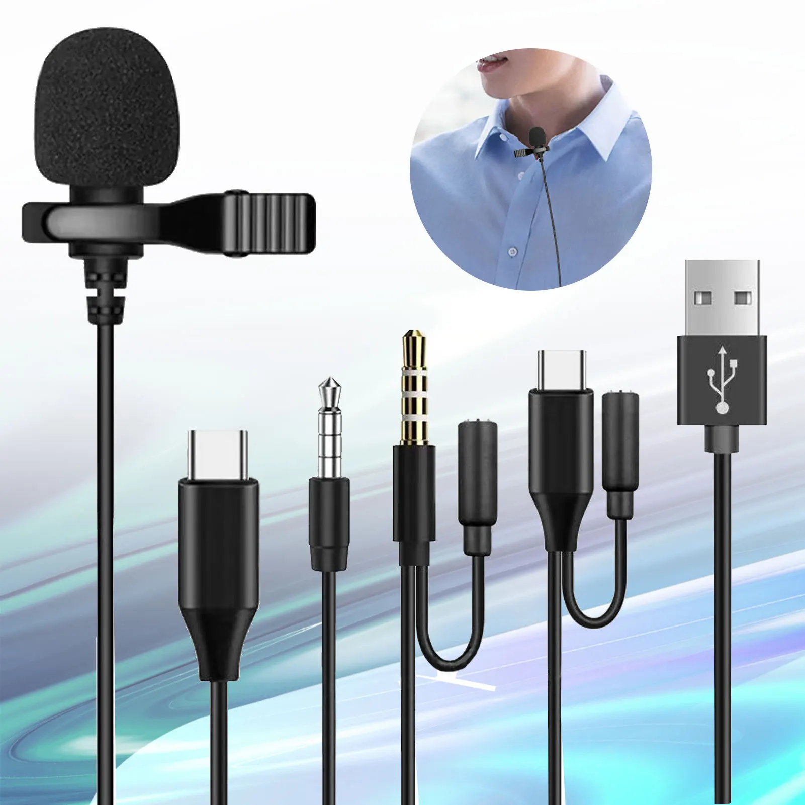 Lavalier Mini 3.5mm Condenser Microphone 1.5m Professional USB Wired Mic For PC Computer Phone Lapel Clip-on Type C Micro Mic