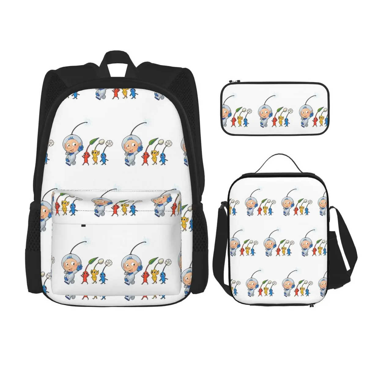 Pikmin Backpacks Boys Girls Bookbag Students School Bags Kids Rucksack Lunch Bag Pen Bag Three-Piece Set