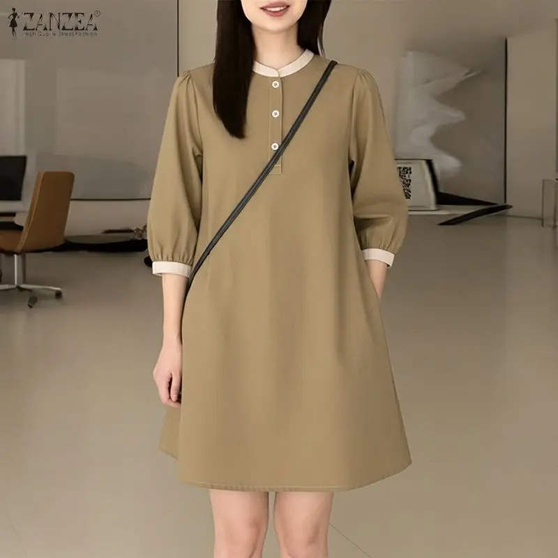 2026 Sommer-Sommerkleid ZANZEA Stilvolles Damen-Minikleid Elegantes O-Ausschnitt Kurzarm-Arbeitskleid Lässiges Patchwork-Urlaubskleid