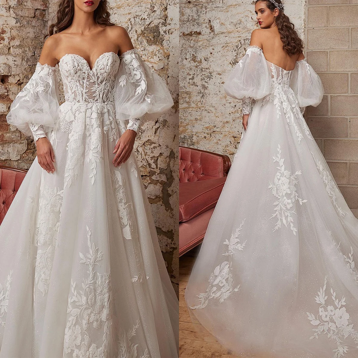 Vestido de casamento vintage a linha para mulheres, pescoço querido, vestido de noiva apliques, mangas removíveis, vestidos de trem, personalizados