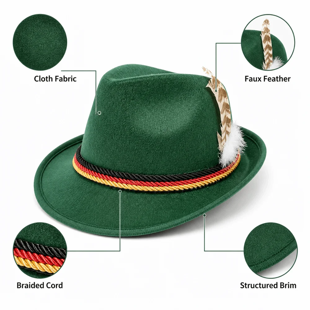Classic Bavarian Feather Hat Structured Brim Western Fedora Hat Dress Up Decorative Side Cord Jazz Cap Men Women