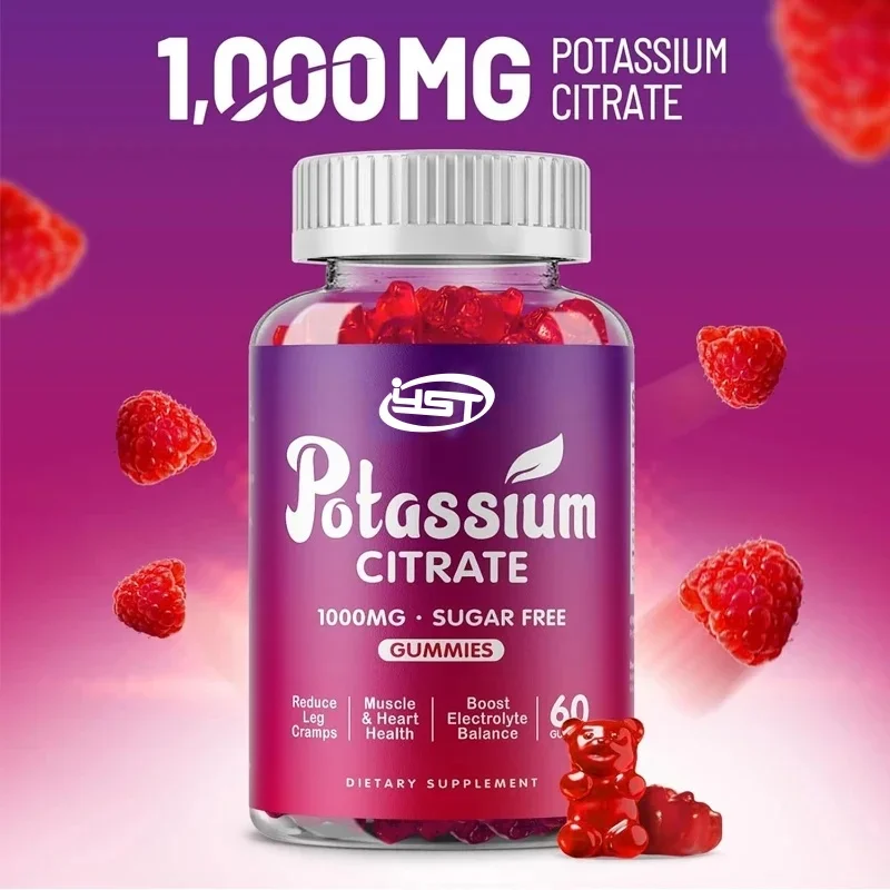Citrate de potassium 1000 mg de gommes, supplément de potassium pour adultes et hommes, soutient les spasmes des jambes et la santé musculaire, 60 pilules