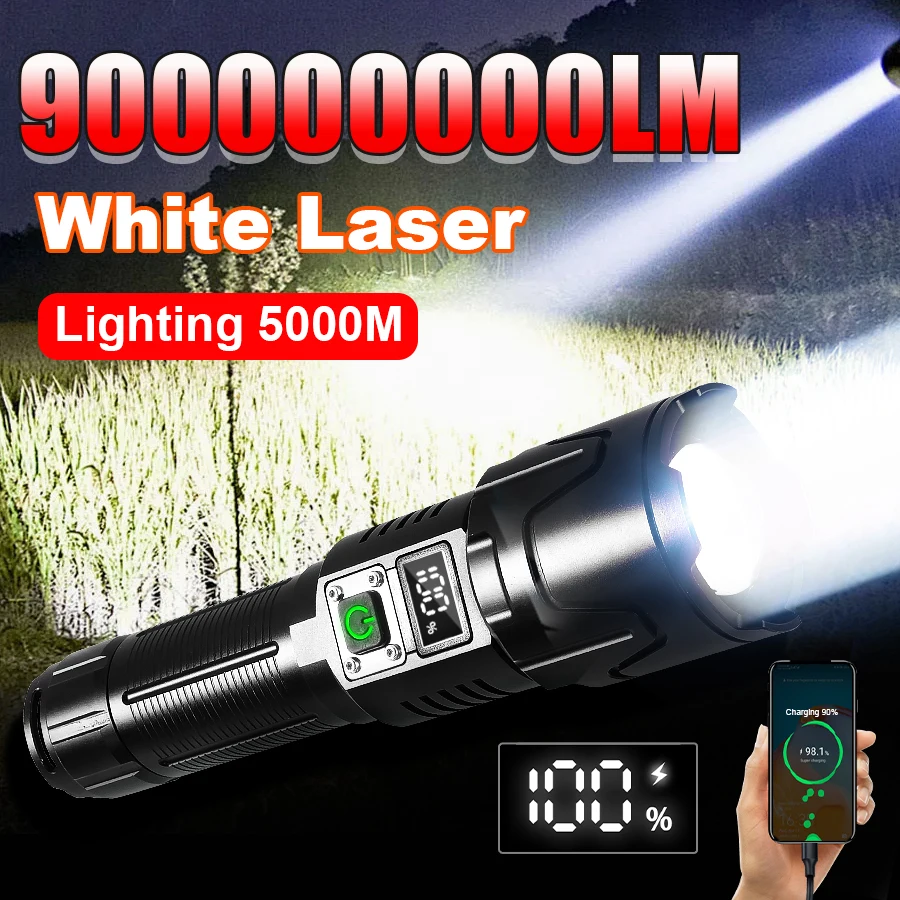 超高輝度白色レーザー懐中電灯ズーム可能な長距離ライト充電式ランプ戦術的なランタン防水トーチ釣り用