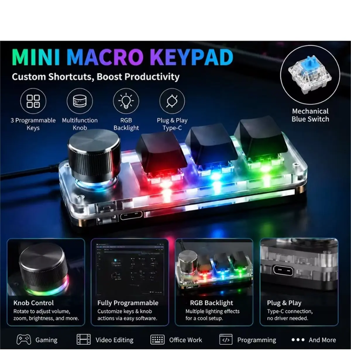 3 Keys Programmable Mechanical -Keyboard RGB Backlit Custom Shortcut Keypad with Macro for PC Editing Offices Work