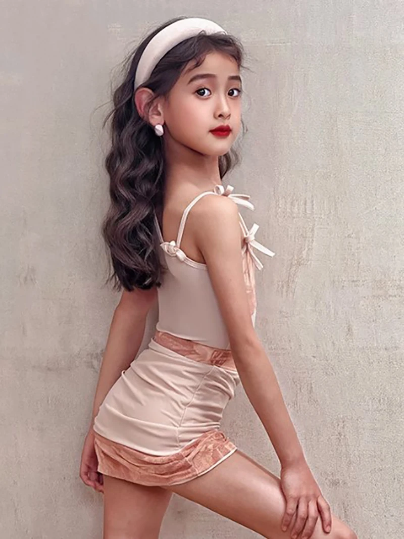 Kinderen Meisjes Latin Dancewear Print Romper en Split Trekkoord Rok Kinderen Dansen Rumba Chacha Competitie Danskostuum