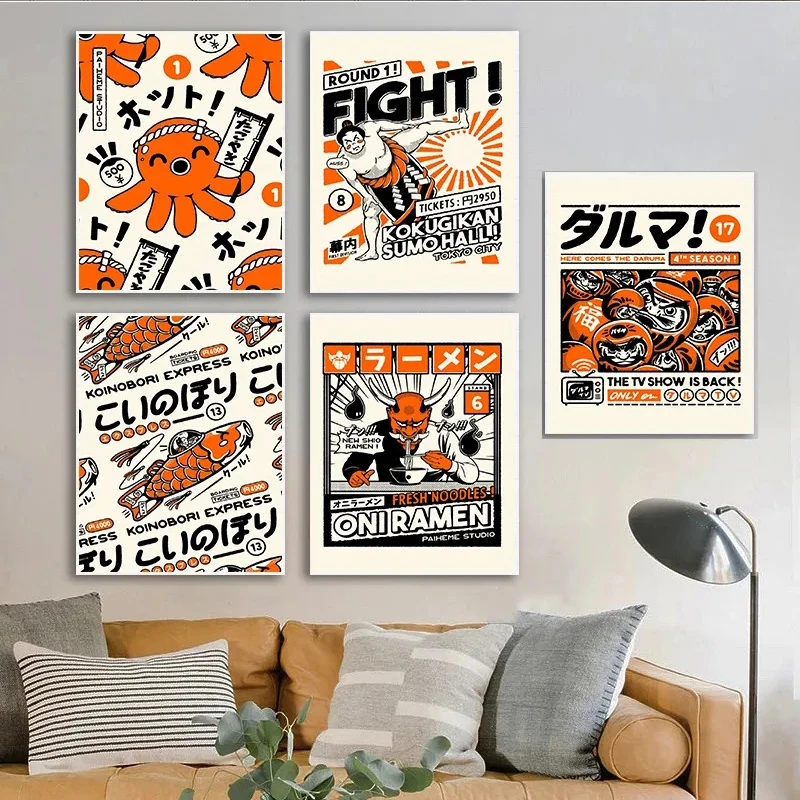 Takoyaki Oni Ramen Japanese Food Orange Posters and Prints Canvas Painting Funny Wall Art Picture for Living Room Home Decor view 2