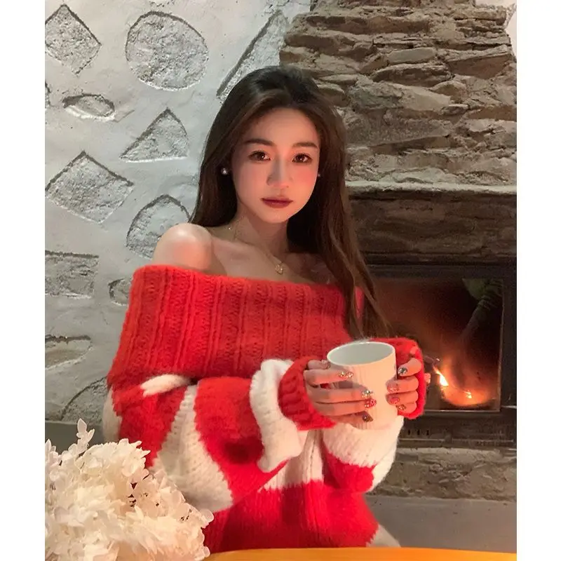 Red stripe sweater pullover women autumn 2023 stripe loose lazy style off shoulder long sleeve casual knitted sweater female top