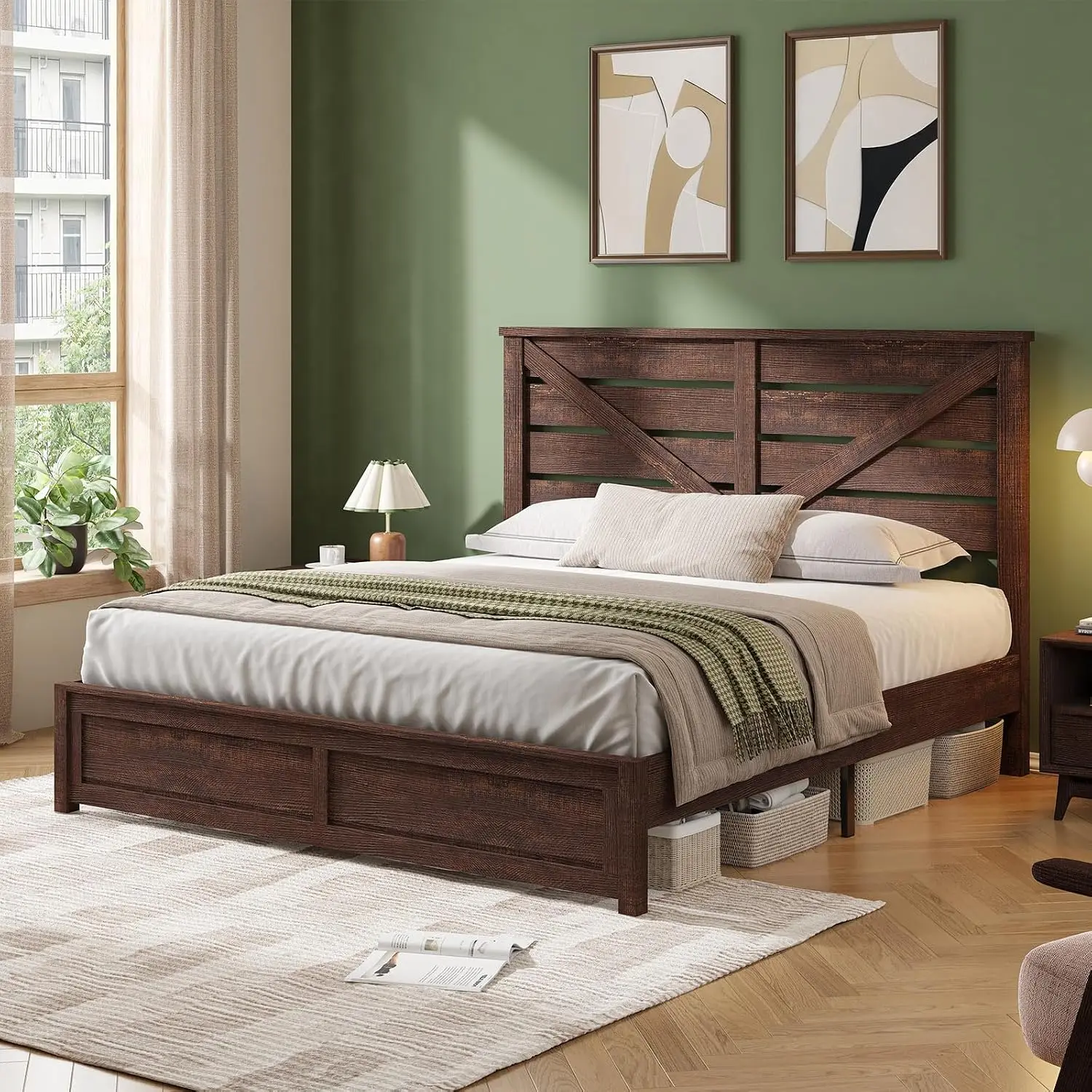 King Farmhouse Platform Bed Frame, Brown Wooden Bed with 49.2 Inch Headboard, Noise Free Support, Easy Assembly, Rustic Style