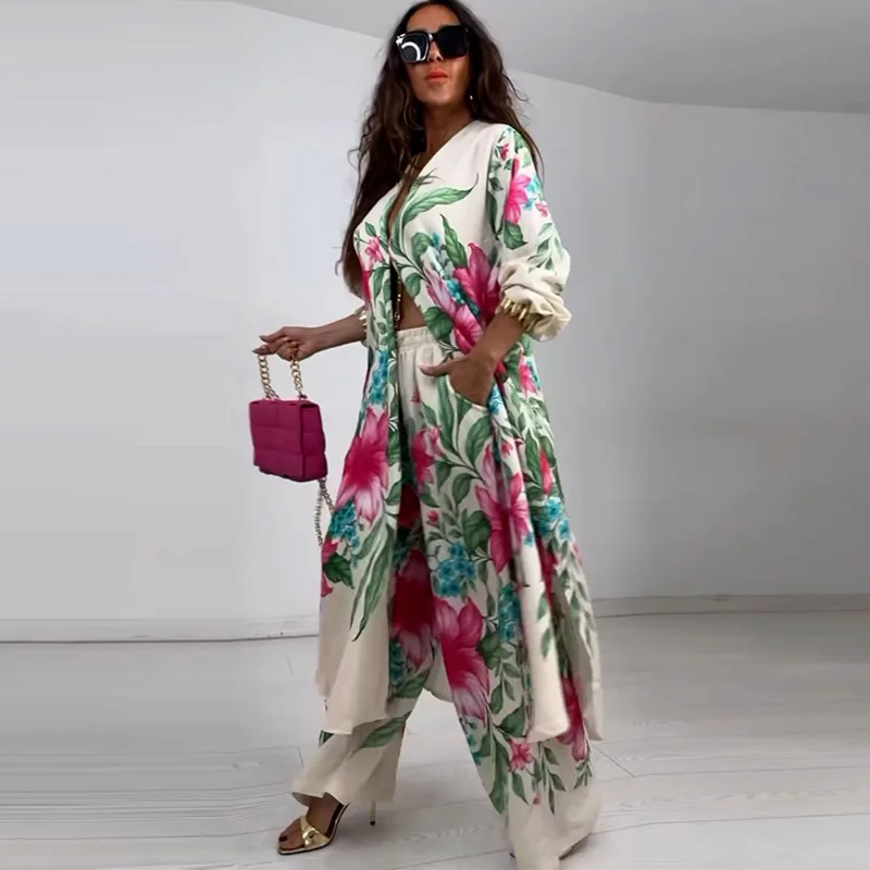Set di pantaloni a due pezzi casual a gamba larga con tasca a maniche lunghe con stampa tropicale bianca casual da lavoro per donna Set da 2 pezzi vintage autunnale
