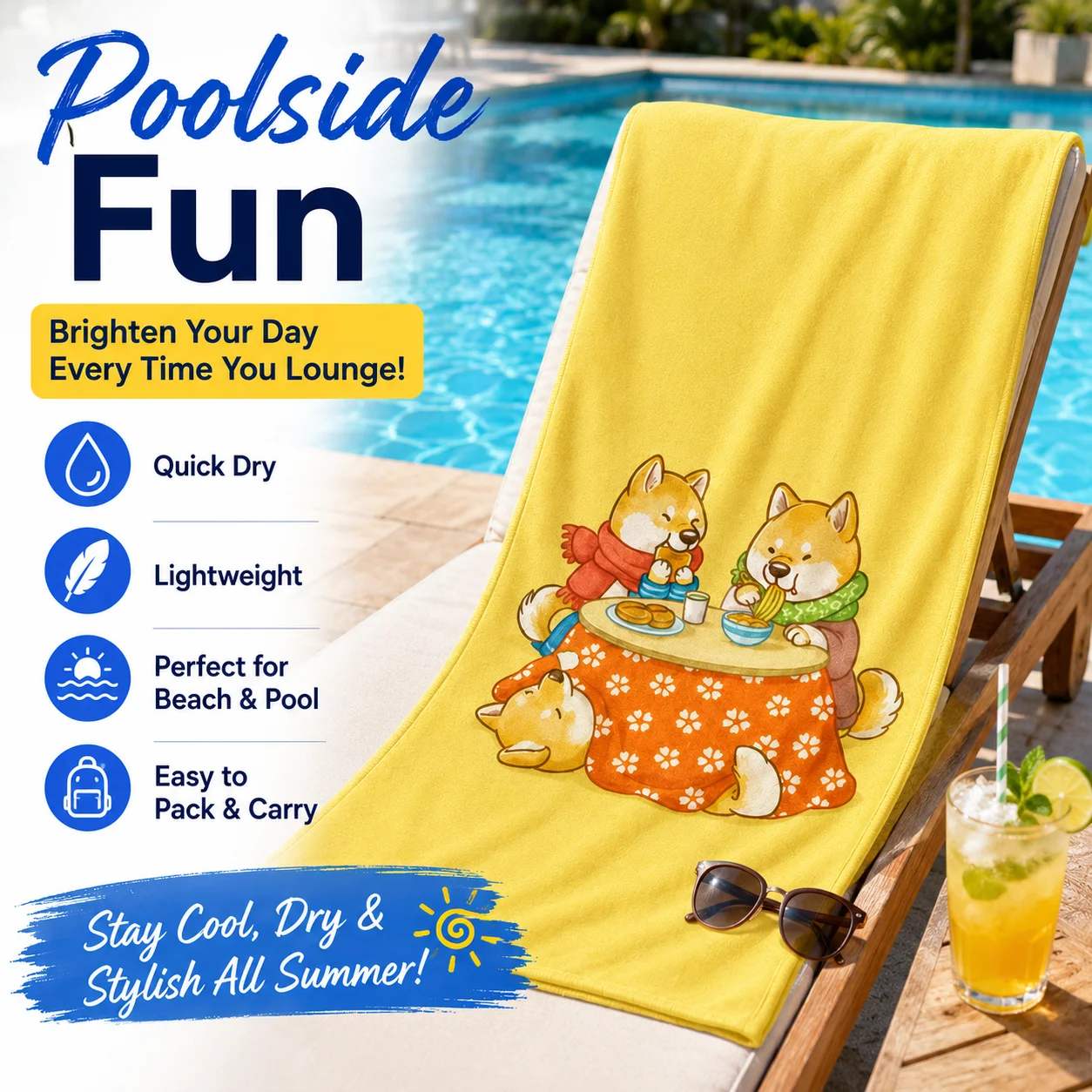 Cute Shiba Inu Dog Flat Print Beach Towel Yellow Cartoon Dog Lovers Microfiber Bath Towel for Summer Travel Pool Party