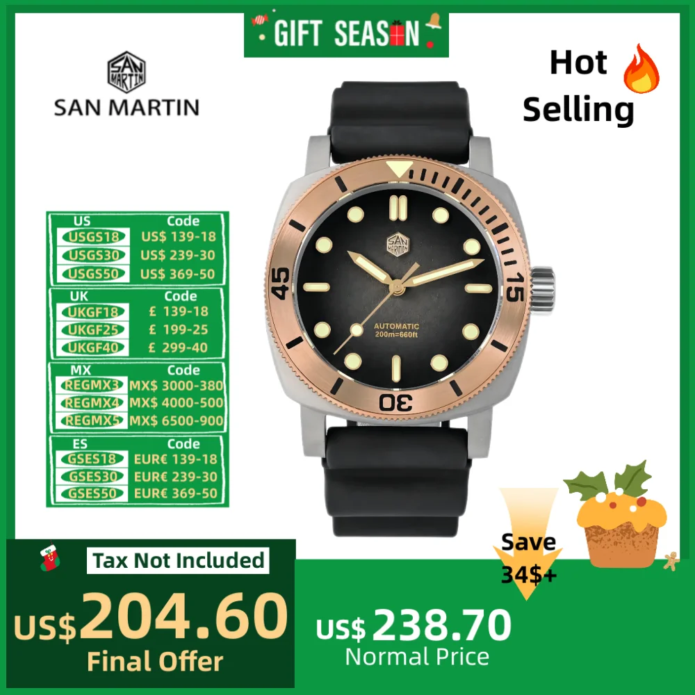 San Martin 42mm NH35 Titanium Diver Watch For Men Automatic Bronze Bezel Waterproof 200m Sapphire Green Luminous Relogio SN0125T