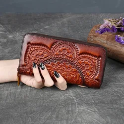 GAGACIA Women's Brown Card Phone Wallet Zipper Wallets For Women Genuine Leather Long Handbag Purse Purses 2024 New Vintage Bag