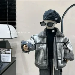 Korean Winter Boys' Coat Kid's Velvet Thick Motorcycle Uniform British Style Keep Warm Children's Clothing for Boy 2-10Y Jacket