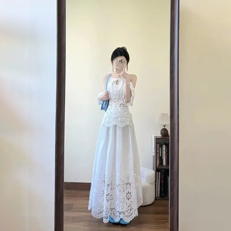 Women Hollow Lace 2 Piece Outfit Cold Shoulder Halter Cami Top Eyelet Embroidery Maxi Skirt Wedding Matching Set Vestidos