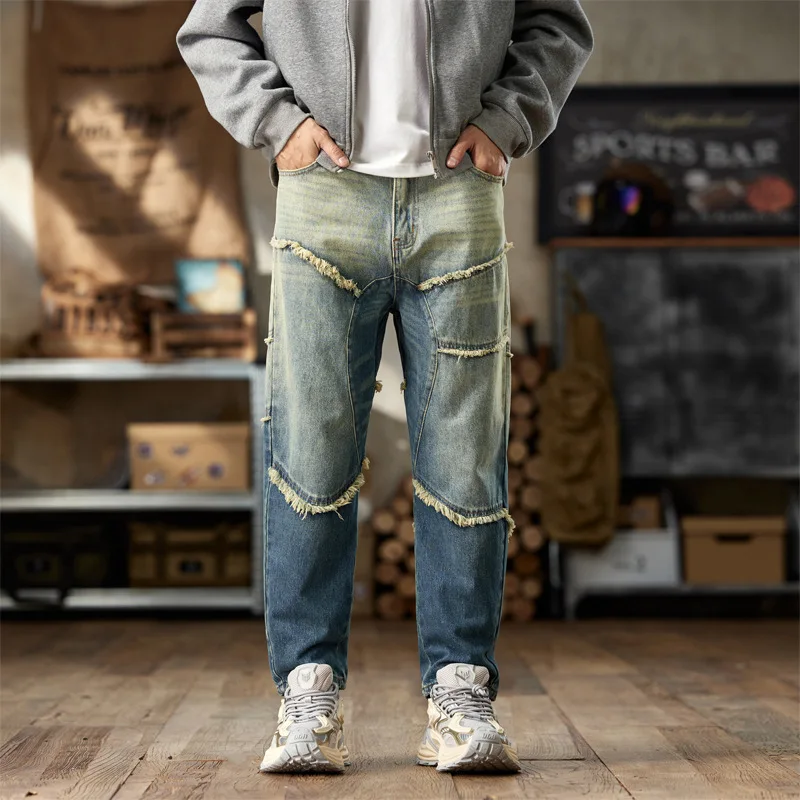 Gradient Denim Pants Men\'s Trousers Retro Wash Jeans Loose Stitching Fashion Tide Men Clothing Bottoms PLus Size 40