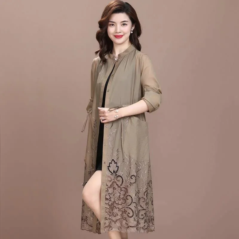 Popular Windbreaker Women Thin Long Trench Coat 2022 Summer New Wide Wife Drooping Middle-Aged Mother Sunscreen Coat Tide